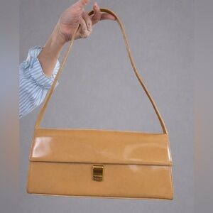 Furla Patent Leather Baguette Style Shoulder Bag Camel Gold Tone Slide Lock